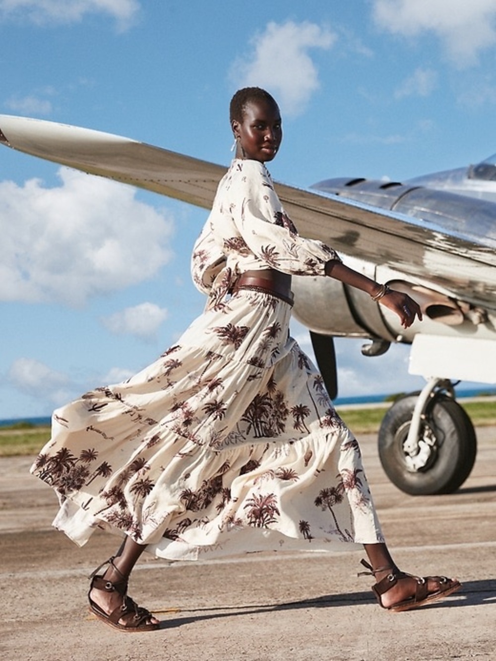 Banana Republic Wayfinder Linen Tiered A-line Skirt in Cream+Brown Safari Print